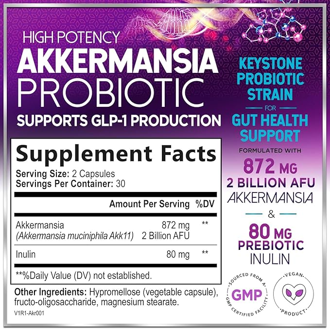 Akkermansia Probiotic GLP-1 Supplement with Prebiotic Fiber - Akkermansia Muciniphila Supports GLP1 Production - Digestive & Gut Health Support - 2 Billion AFU, Delayed Release - 60 Capsules