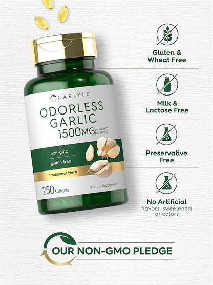Carlyle Odorless Garlic Softgels 1500mg | 250 Count | Non-GMO, Gluten Free Extract Supplement