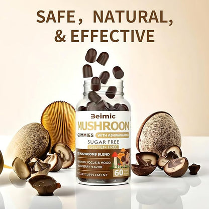 Mushroom Gummies - 10x Mushroom Supplement with Ashwagandha and Lions Mane (120 Chews) Nootropic Brain Supplement, Immune Support & Stress Relief (Pack of 2)