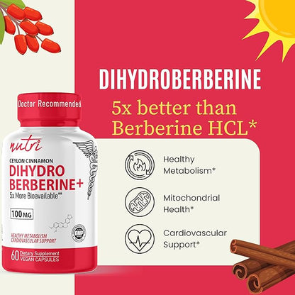 Nature's Fusions Dihydroberberine Supplement 100mg 60 Capsules - with Ceylon Cinnamon - 5X More Effective Than Regular Berberine HCL
