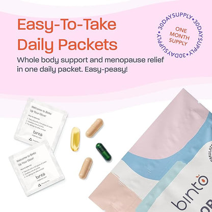 Binto Complete 4-in-1 Multi-Symptom Menopause Relief Kit Supplements - 1 Month Supply - Multivitamins with Omega-3, Ashwagandha and Probiotics/Prebiotic Fiber Blend - Non-GMO