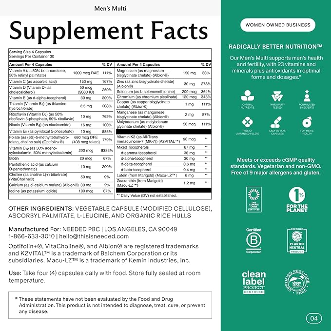 Needed. Multivitamin for Men - 25 Optimal Nutrients for Fertility & Men's Health - Mens Multivitamin with Vitamin D3 2000IU, B12 Vitamins, 200 MCG Selenium - Men's Fertility Supplement, 30 Day Supply