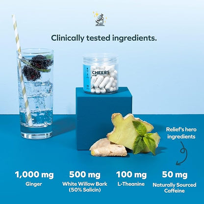 Cheers Relief | Next Morning Aid with Ginger + White Willow Bark | Feel Better After Drinking | 36 Doses | Ginger, White Willow Bark, L-Theanine, Caffeine