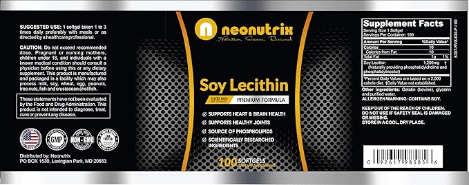 Soy Lecithin Capsules 1200mg (One a Day, 100 Softgels) Immune Support Supplement Rich in Phospholipids Supports Metabolism, Brain & Heart Health & Cell Functions Made in The USA Non-GMO by Neonutrix