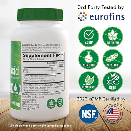 Health Thru Nutrition Caprylic Acid 600mg 200 Softgels | C8 Octanoic Acid from Pure 1g MCT Oil | Non-GMO & Soy Free | Support Healthy Digestive and Intestinal Health | Keto Friendly
