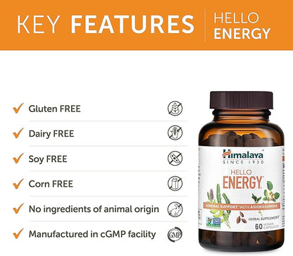 Himalaya Hello Energy with Ashwagandha for Adrenal Support & Daily Energy and & Ashwagandha +Immune with Vitamin C for Active Immune Support, 60 Capsules Each - Bundle