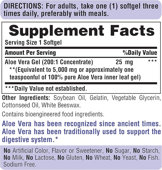 Puritan's Pride Aloe Vera Extract 25mg (5000mg Equivalent) Softgels, 200 Count (Packaging May Vary) (Pack of 2)