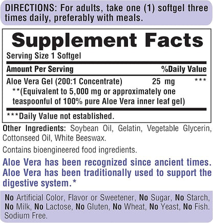 Puritan's Pride Aloe Vera Extract 25mg (5000mg Equivalent) Softgels, 200 Count (Packaging May Vary) (Pack of 2)