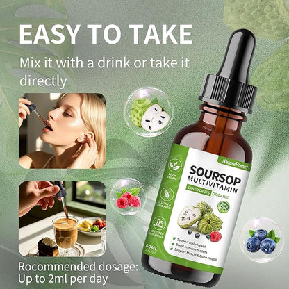 Organic Soursop Bitters Liquid Drops with Vitamin B6, C, D3 Soursop Graviola Multivitamin Liquid for Immune Support and Zzz Support Gluten-Free Vegan & Organic - 2 Fl Oz, 60 ml