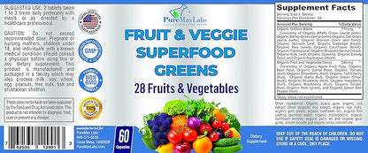 Fruit and Veggie Superfood Greens - 28 Fruits and Vegetables incl. Alfalfa, Barley Grass, Spirulina, Beet Root, Tart Cherry, Concentrated Natural Antioxidants- 60 Tablets