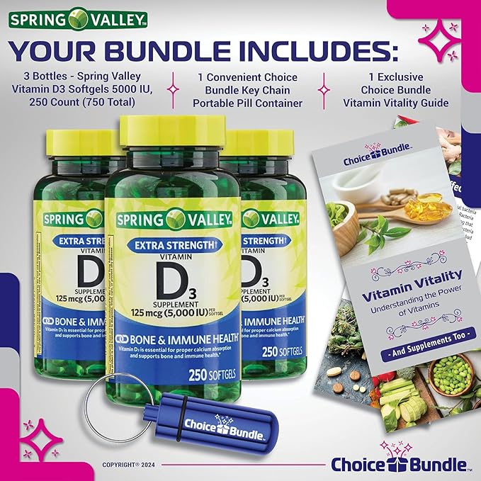Spring Valley Vitamin D3 Softgels 125 mcg per Soft Gel 5,000 IU 250 Ct 3 pk (750 Total) + Vitamin Guide & Pill Container (5 Items)!