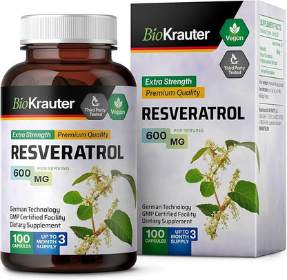 BIO KRAUTER Resveratrol Supplement Capsules 600 mg - 100 Count - Natural Antioxidant Source - 98% Pure Trans Resveratrol Powder - Vegan