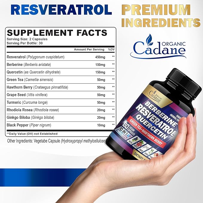 Organic Cadane Resveratrol Supplement - 10in1 Plus with Quercetin, Berberine, Green Tea, Grape Seed, Hawthorn Berry, Turmeric, Rhodiola Rosea, Ginkgo Biloba, and Black Pepper - 60 Capsules