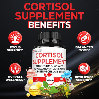 Satoomi 7in1 Cortisol Supplement - Magnesium Glycinate with Ashwagandha, Magnesium Glycinate and Citrate - Mood & Rest Well & Resilience - 90 Capsules for 45 Days