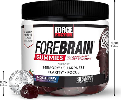 FORCE FACTOR Forebrain Gummies, 3-Pack, Nootropic Brain Support Supplement for Memory & Focus, Brain Vitamin with COGNIGRAPE & Huperzine A, Focus Gummies to Support Recall & Sharpness, 180 Gummies