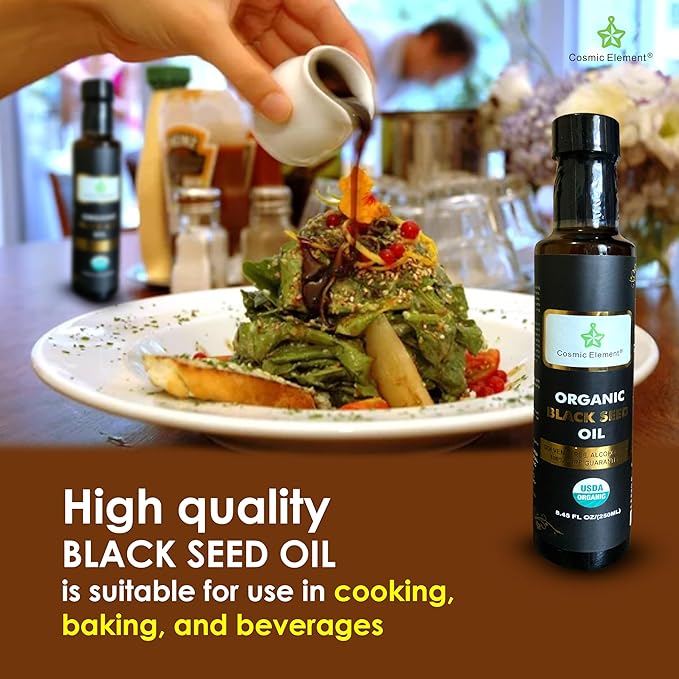 Cosmic Element Cold Pressed Black Seed Oil Organic - Omega 3 6 9 | Vegan Nigella Sativa Organic Black Cumin Seed Oil - Antioxidant for Immune Support, Joints, Digestion, Hair & Skin | 8.4 Fl Oz