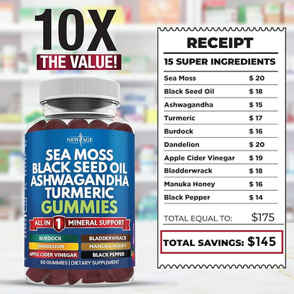 Sea Moss Gummies, Sea Moss, Black Seed, Ashwagandha, Turmeric, Manuka Honey, ACV, Dandelion, Black Pepper, Burdock, Bladderwrack, Vegan - 120 Count
