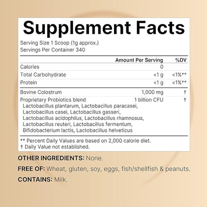 Instant Colostrum Powder 1,000mg with Probiotics, 12oz (340 Servings) | Grass Fed Bovine Source from Mother's First Milk – Bioactive IgG + 1 Billion CFU – Immune & Gut Health Supplement – Unflavored
