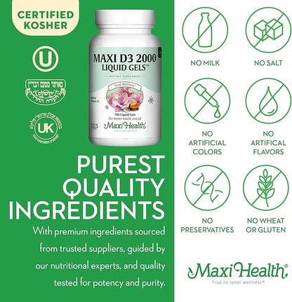 Maxi Health Kosher Vitamin D3 2000IU, Highly Absorbable Vitamin D Supplements for Healthy Immune Response, Calcium Absorption, Teeth & Bone Health - Vit D3 Vitamin 2000 IU - 180 Liquid Gels