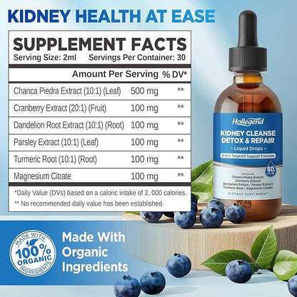 Kidney Cleanse Detox & Repair Liquid Drops, Kidney Support Supplement Enhanced with Chanca Piedra, Cranberry, Dandelion, Parsley, Turmeric Root, Magnesium Citrate, 2 Fl Oz