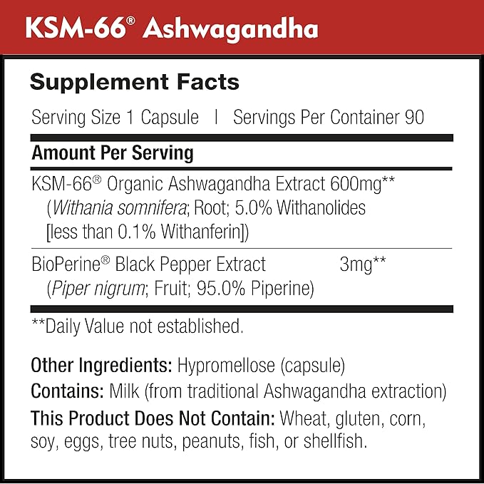KSM-66 Ashwagandha 600mg Organic Root Extract - High Potency Supplement with 5% Withanolides | Relieves Tiredness, Supports Relaxation, Focus, Energy, & Muscle Growth (90 Capsules)