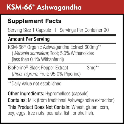 KSM-66 Ashwagandha 600mg Organic Root Extract - High Potency Supplement with 5% Withanolides | Relieves Tiredness, Supports Relaxation, Focus, Energy, & Muscle Growth (90 Capsules)
