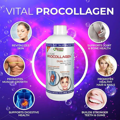 Natural Energy Vital Procollagen - Liquid Hydrolyzed Collagen Protein with Hyaluronic Acid and Glucosamine Chondroitin Sulfate Anti-Aging Factor for Men and Women 16oz |New Snickerdoodle Flavor|