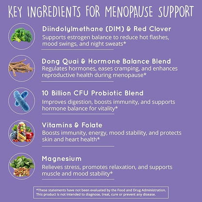 Menopause Supplements for Women – DIM Supplement + Probiotics | Estrogen Metabolism & Hormone Balance Support | Perimenopause Relief | Hot Flashes, Mood Swings & Night Sweats | Dong Quai | 60 Ct