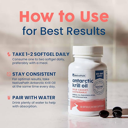 NativePath Antarctic Krill Oil - Wild-Caught Omega 3 Krill Oil 500mg Softgels with EPA, DHA and Astaxanthin - Supplement for Joint, Heart, Brain and Immunity - 60 ct - No Fishy Aftertaste