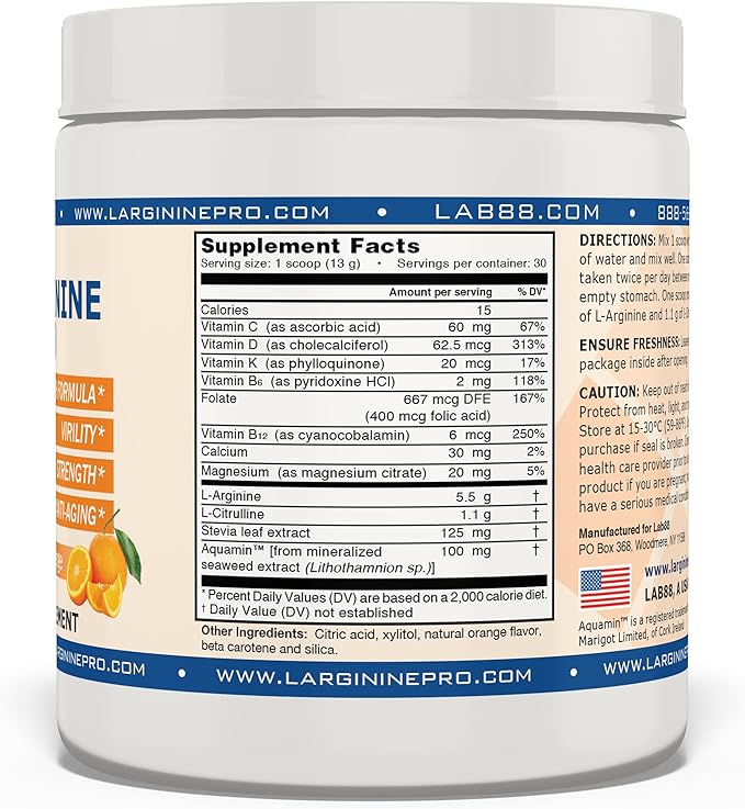 L-ARGININE PRO | 5,500mg L-Arginine Plus L-Citrulline 1,100mg Orange & Grape Powder Drink Mix Supplement for Increased Nitric Oxide Production