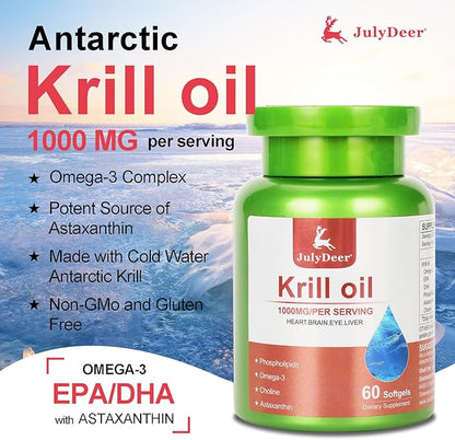 Antarctic Krill Oil 1000 mg with Omega-3s EPA, DHA, Astaxanthin and Phospholipids 60 Softgels Supplement No Fishy Aftertaste for Joint, Heart, Brain and Immunity
