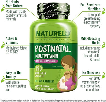 NATURELO Postnatal Multivitamin - Supplement for Breastfeeding Women - Plant-Based Vitamin D, Folate, Gentle Iron - for Nursing Mother, Baby - Post Natal Lactation Support 180 Capsules