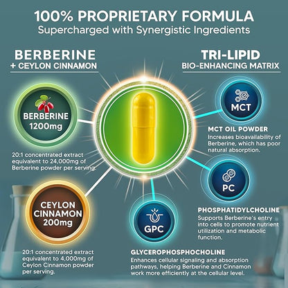 aSquared Nutrition Berberine with Ceylon Cinnamon Supplement - 1400mg Max Strength Complex - 120 Capsules - 1200mg HCl Powder Extract Plus Pills - Alternative to Gummies & Drops