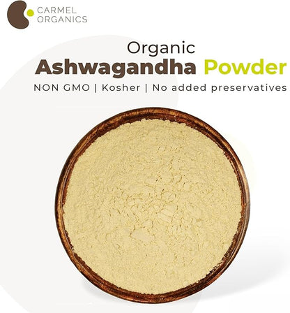 CARMEL ORGANICS Organic Ashwagandha Root Powder (8 Oz or 227g/0.5 Lbs) USDA Certified. Lab Tested, Non GMO & Gluten Free | Withania Somnifera from India