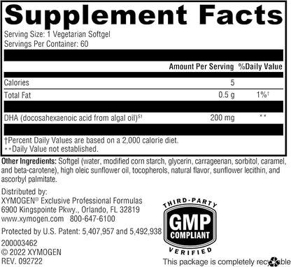 XYMOGEN DHA from Algae - DHA Omega-3 Supplement - Supports Brain, Eye, Heart + Immune Health (60 Softgels)