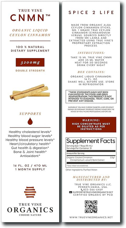 True Vine 3200mg Liquid Ceylon Cinnamon Supplement (Made in USA) for Healthy Heart, Blood Pressure, Sugar, Cholesterol, Gut & Joints — 100% Organic Ceylon Cinnamon to Fight Free Radicals (16 fl oz)