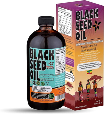 Ethiopian Black Seed Oil - 3.43% Thymoquinone Cold-Pressed Black Cumin Seed Oil from Pure Nigella Sativa - First Pressing Blackseed Oil Non-GMO Improved - 16 Oz Glass Bottle Sweet Sunnah