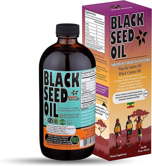 Ethiopian Black Seed Oil - 3.43% Thymoquinone Cold-Pressed Black Cumin Seed Oil from Pure Nigella Sativa - First Pressing Blackseed Oil Non-GMO Improved - 16 Oz Glass Bottle Sweet Sunnah