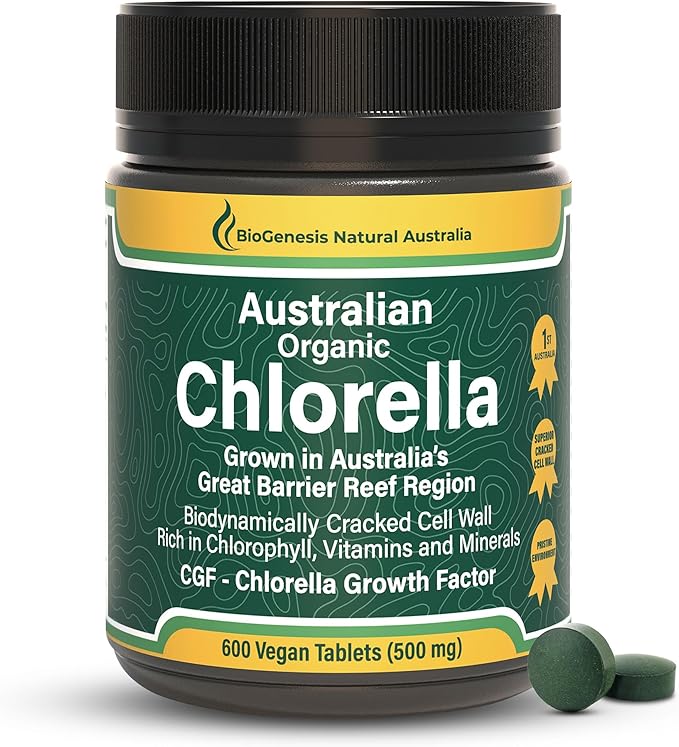 Organic Chlorella Tablets, Australian | Advanced BioDynamic Cracked Cell Wall | Chlorophyll-Rich, Vitamins, Minerals, CGF| Supports Good Health, Wellbeing | Vegan (Natural, 600)