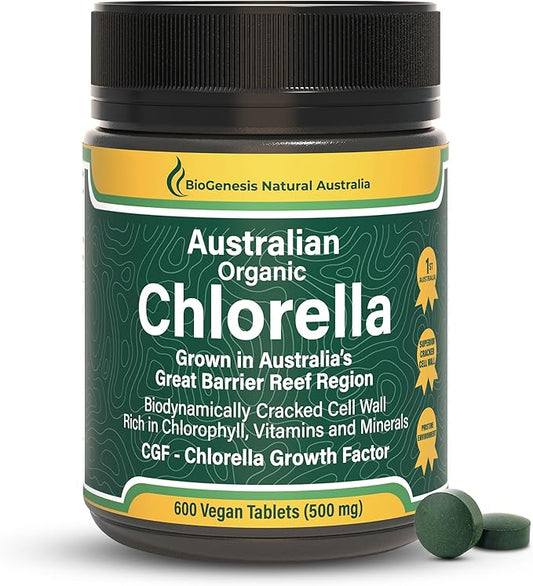 Organic Chlorella Tablets, Australian | Advanced BioDynamic Cracked Cell Wall | Chlorophyll-Rich, Vitamins, Minerals, CGF| Supports Good Health, Wellbeing | Vegan (Natural, 600)