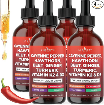 Cayenne Pepper Supplement Liquid Drops + Hawthorn Berry, Vitamin D3 K2 Beet Root Powder, Ceylon Cinnamon, Turmeric Curcumin, Organic Panax Ginseng - 8oz