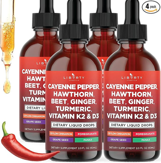 Cayenne Pepper Supplement Liquid Drops + Hawthorn Berry, Vitamin D3 K2 Beet Root Powder, Ceylon Cinnamon, Turmeric Curcumin, Organic Panax Ginseng - 8oz