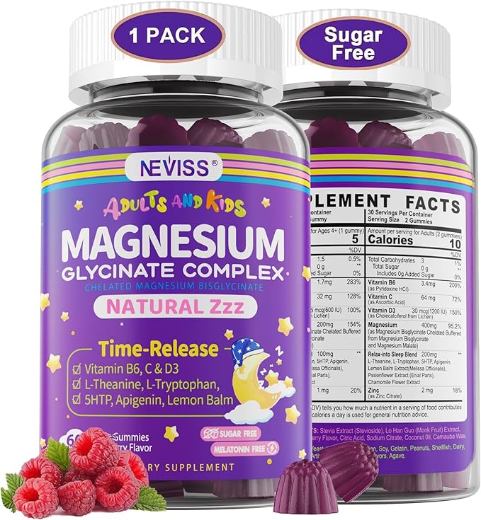 Magnesium Glycinate Gummies for Adults & Kids 4+, Sugar Free Magnesium Bisglycinate Supplement 400/200mg with B6D3, 5HTP, L-Theanine for Sleep & Relaxation, Brain, Muscle, Melatonin Free Gummies,1Pack