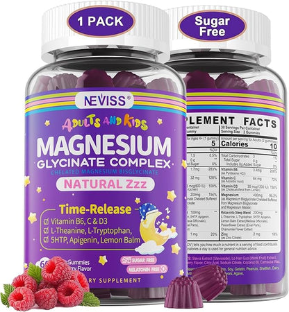 Magnesium Glycinate Gummies for Adults & Kids 4+, Sugar Free Magnesium Bisglycinate Supplement 400/200mg with B6D3, 5HTP, L-Theanine for Sleep & Relaxation, Brain, Muscle, Melatonin Free Gummies,1Pack