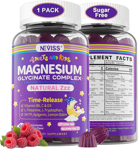 Magnesium Glycinate Gummies for Adults & Kids 4+, Sugar Free Magnesium Bisglycinate Supplement 400/200mg with B6D3, 5HTP, L-Theanine for Sleep & Relaxation, Brain, Muscle, Melatonin Free Gummies,1Pack