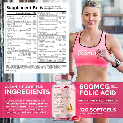 Built by Nature Vitamins for Women – Women's Complete Daily Multivitamin Supplement with A, B, C, D, E, Iron, Calcium, Magnesium and Multi Minerals – Wellness & Immune Health Support - 120 Softgels