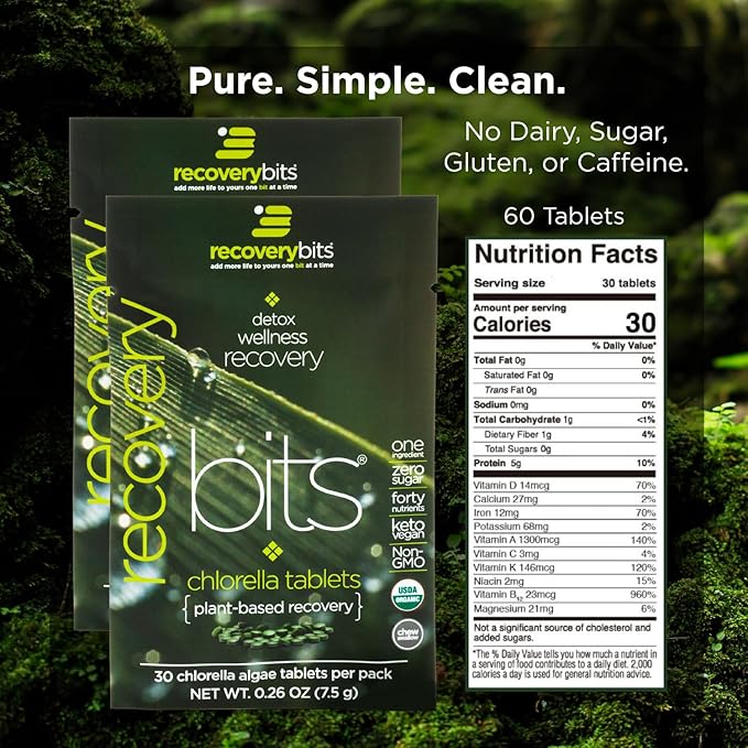 RECOVERYbits Organic Chlorella Algae Tablets, Superfood, Pure Green Algae, High Protein and Fiber, Chlorophyll, Cracked Cell Wall Non-Irradiated, for Immune Boosting and Detox, Non-GMO, 60 Tablets