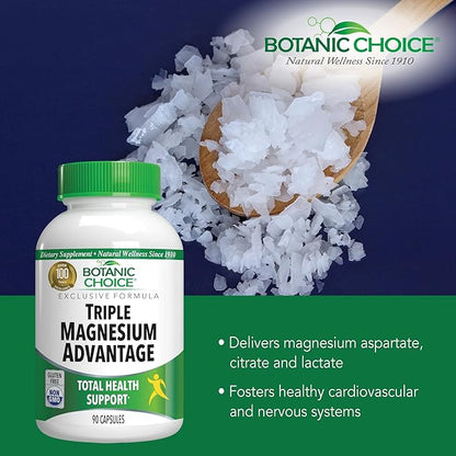 Botanic Choice Triple Magnesium Advantage - Magnesium Aspartate Citrate & Lactate Complex Supplement for Nerve, Digestive, Muscular & Heart Health for Men & Women (90 Capsules)