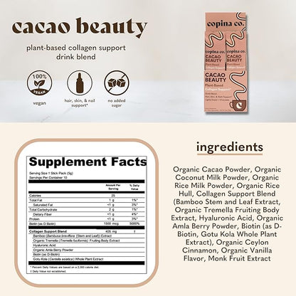 Cacao Beauty Vegan Collagen Booster Drink Blend: Plant-Based Collagen Support Smoothie Drink Vegan Blend Variety Pack | Cacao Flavor | 10 Individual Stick Packs per Carton