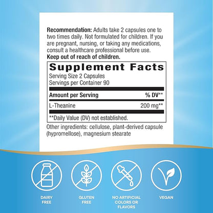 Nature's Way L-Theanine, Stress Support*, Promotes Relaxation*, 200 mg per 2-Capsule Serving, Vegan, 180 Capsules